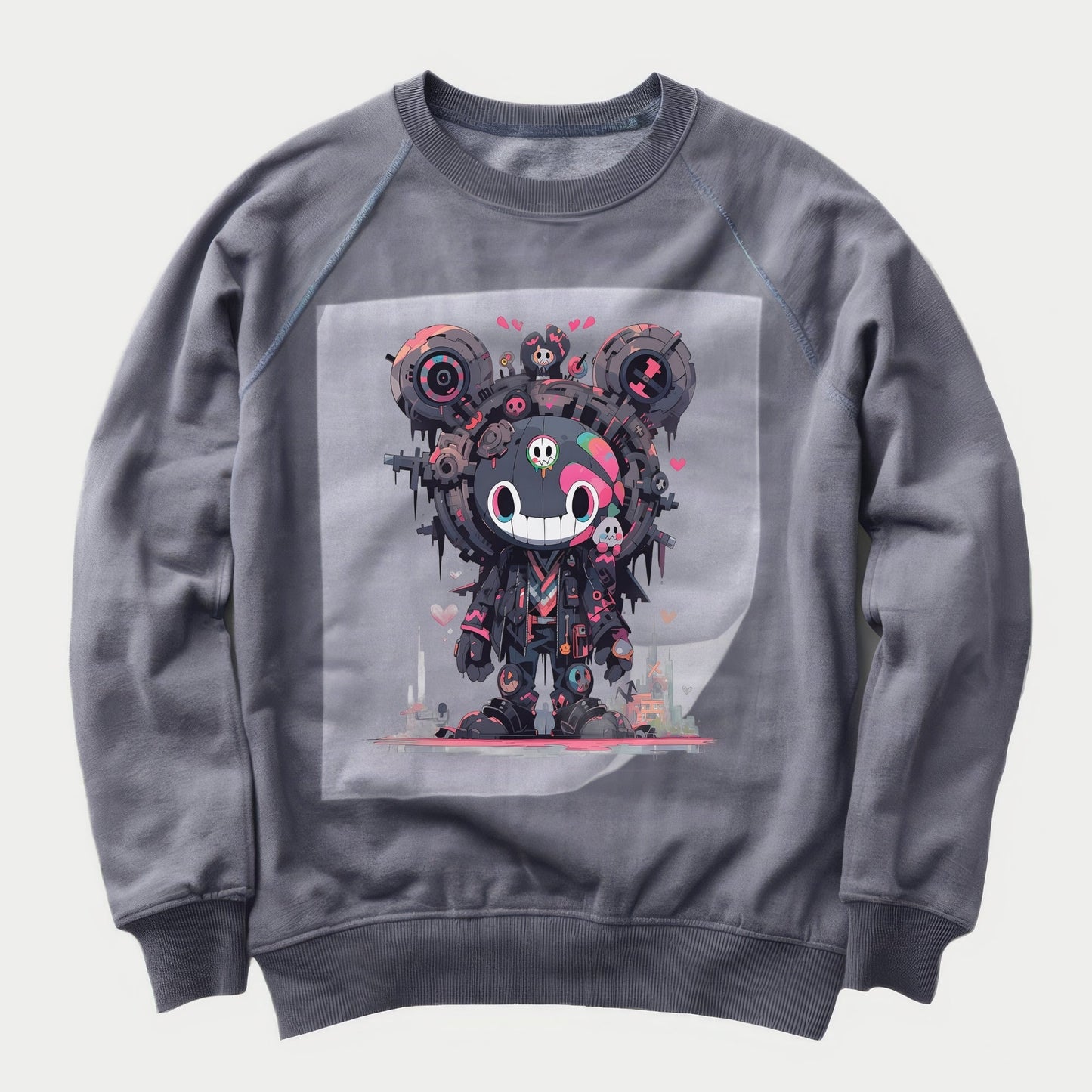 Cyberpunk Kawaii Bear Ready to Press Heather Gray Sweater Front Peel View