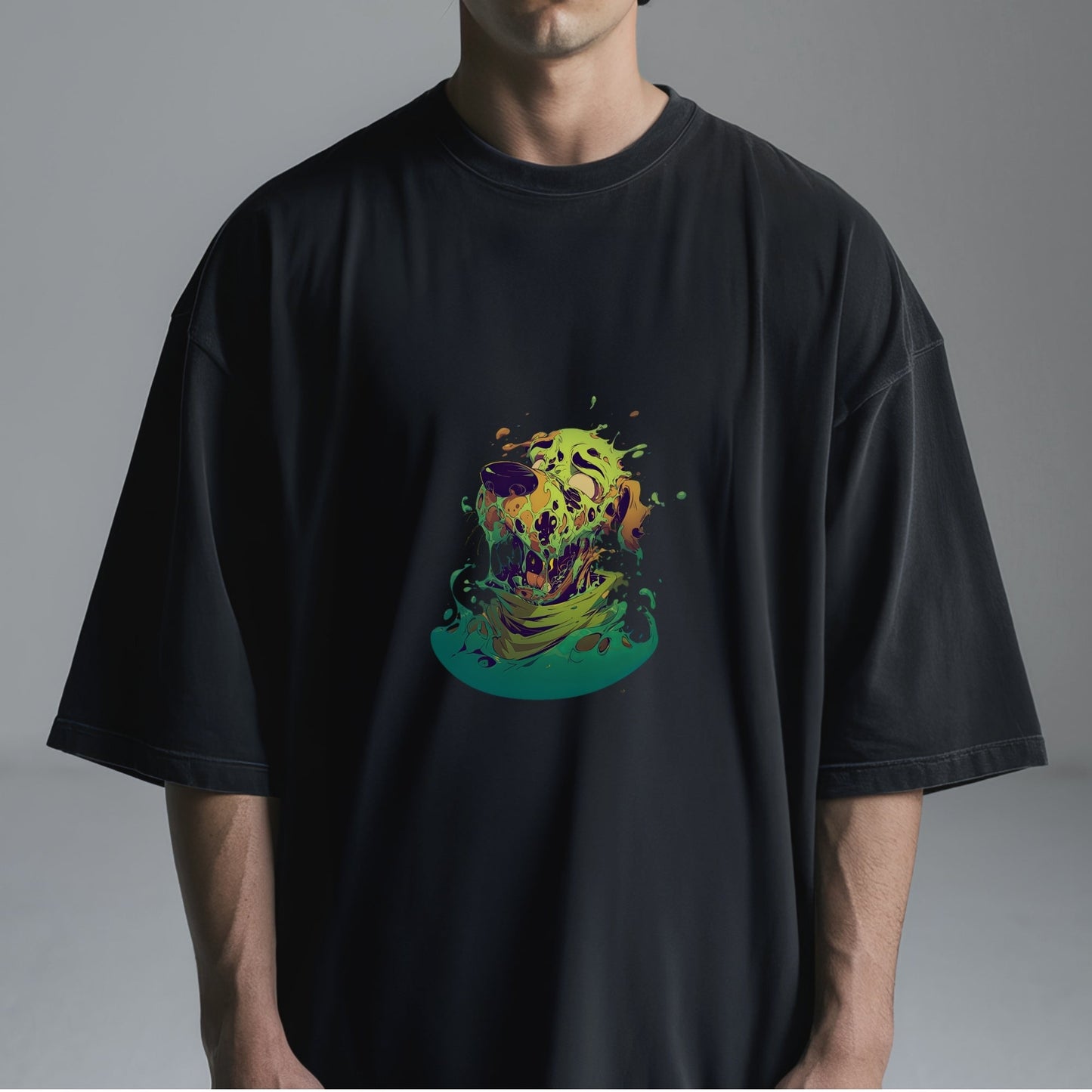 Vibrant Melting Skull Art Tshirt Male Model