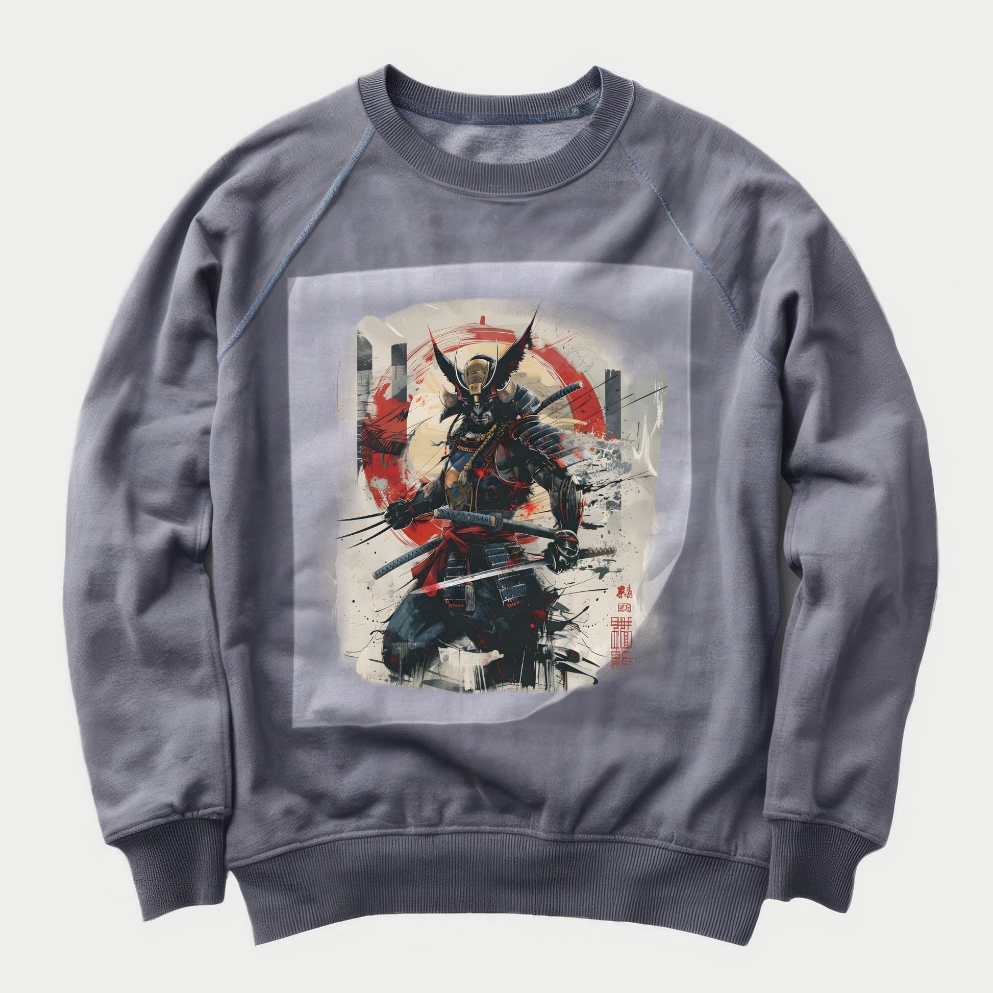 Samurai Surge Portrait Ready to Press Heather Gray Sweater Front Peel View