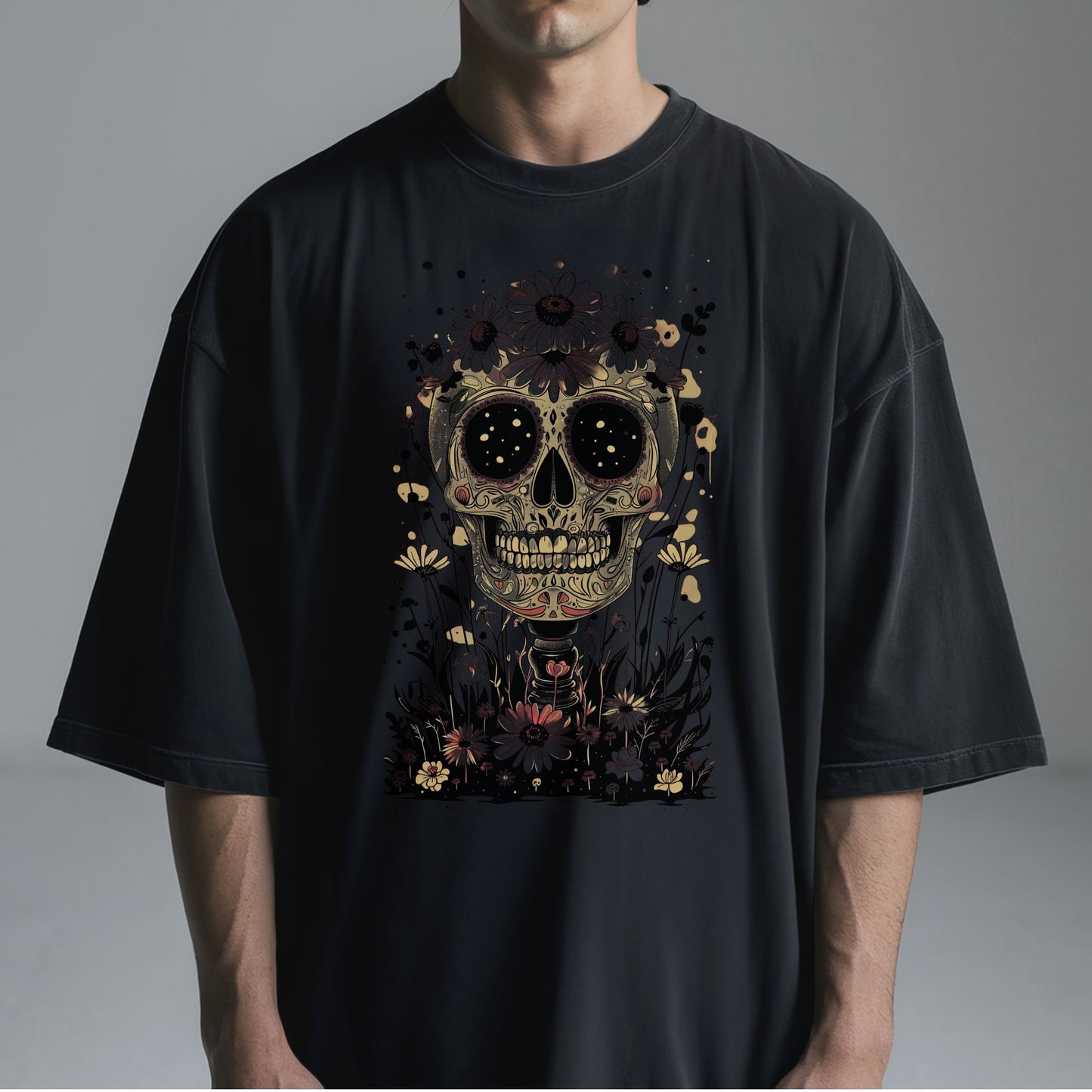 Day of the Dead Floral Skull Tshirt Male Model