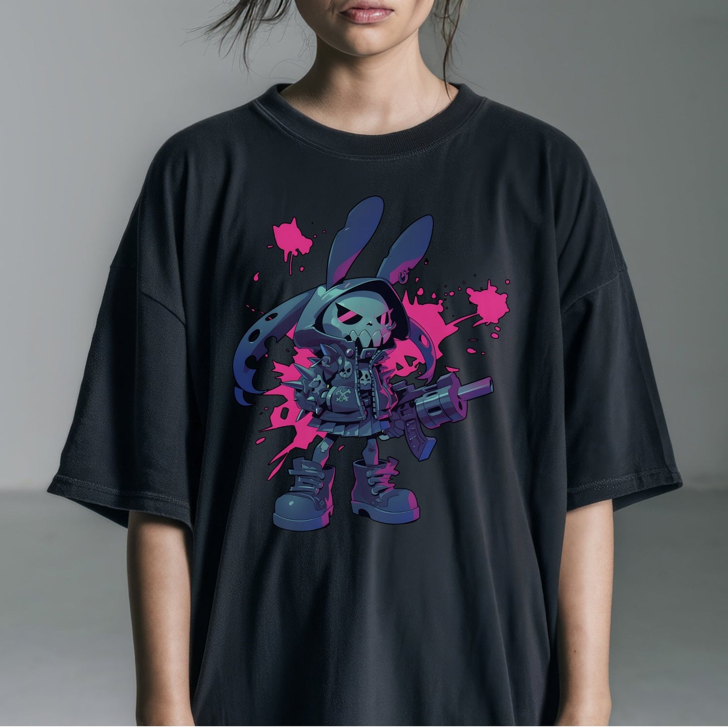 neon cyborg bunny blitz t-shirt t-shirt pocket closeup details