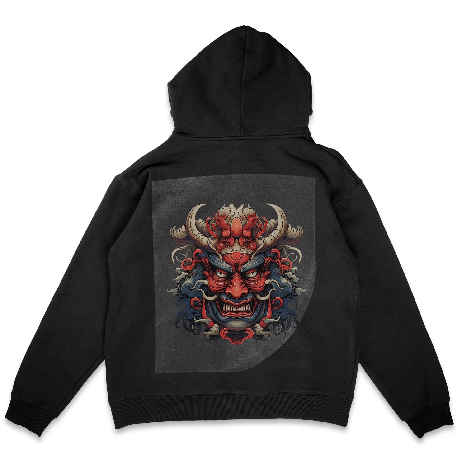 Oni's Mystic Gaze Ready to Press Solid Black Hoodie Back Peel View