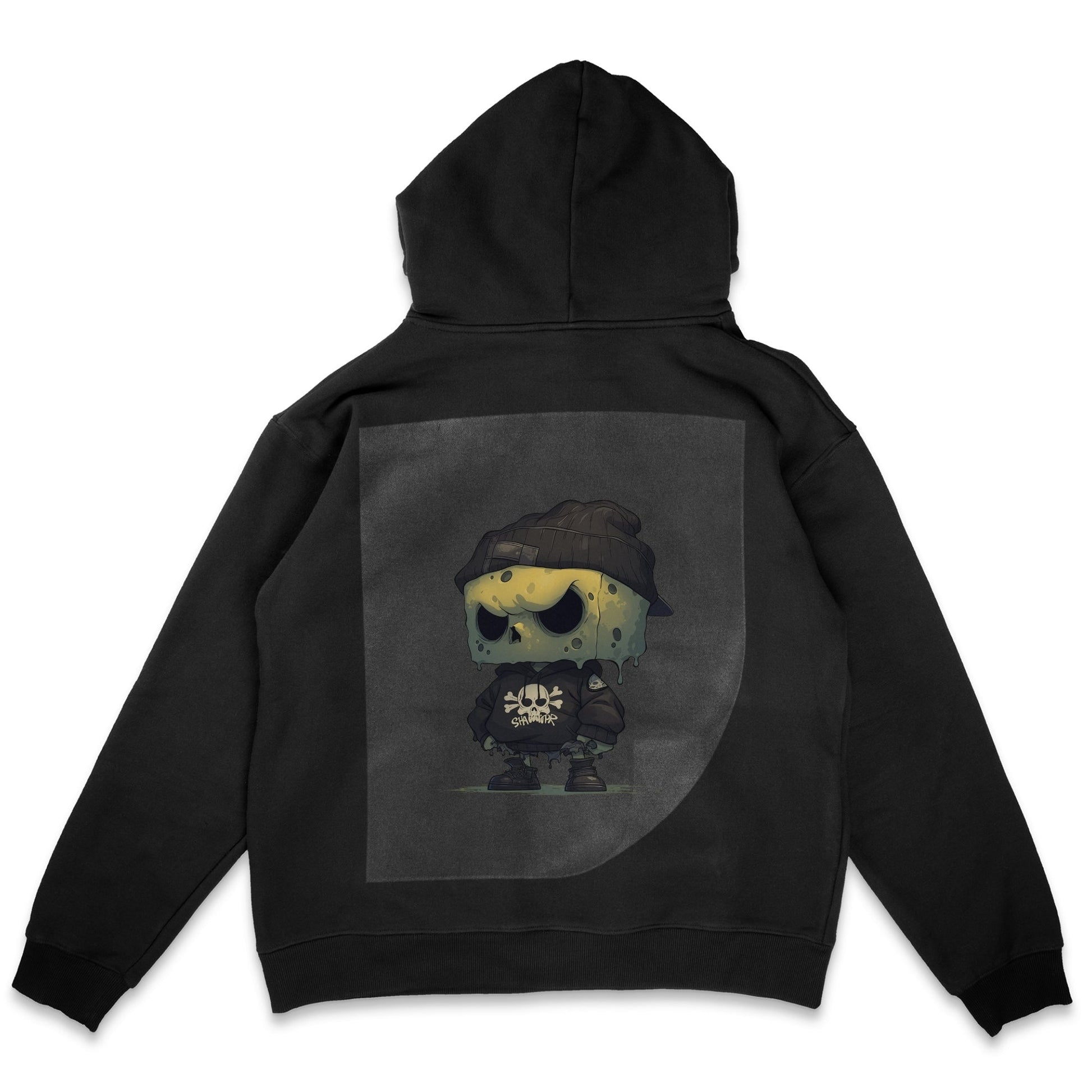 Urban Zombie Pop Art Ready to Press Solid Black Hoodie Back Peel View