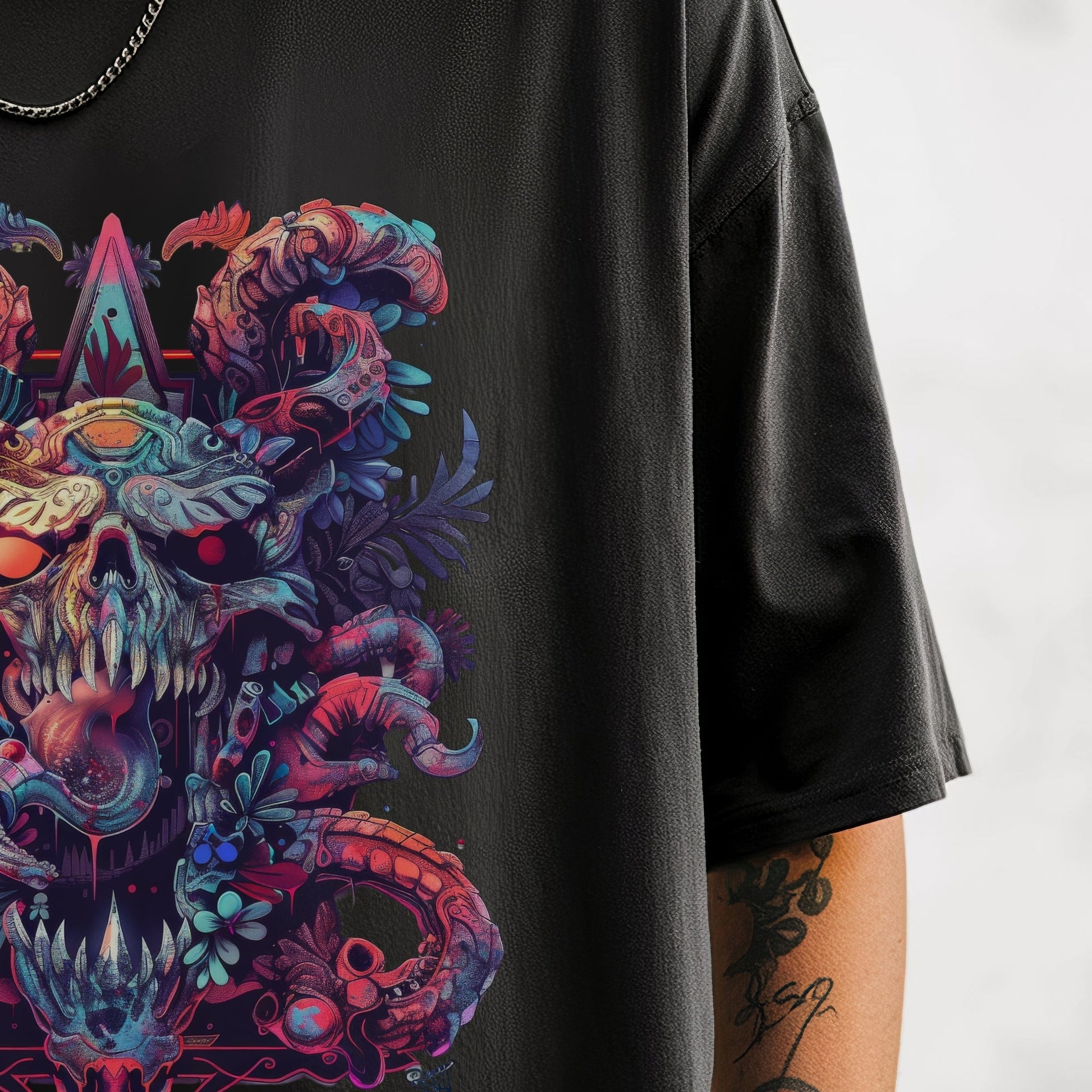 Psychedelic Dragon Dreamscape T-Shirt Model Closeup