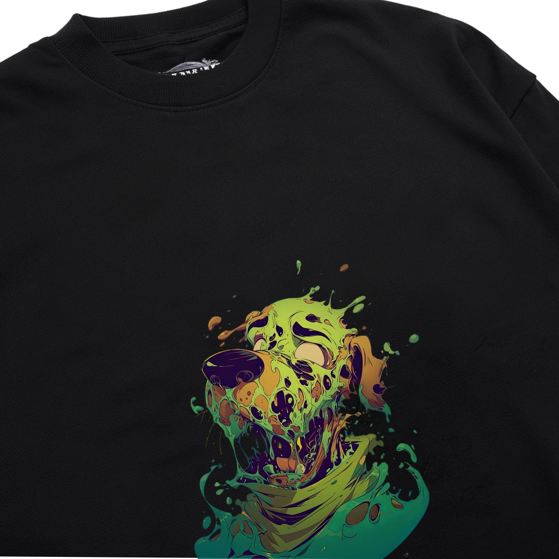 Vibrant Melting Skull Art Shirt Closeup