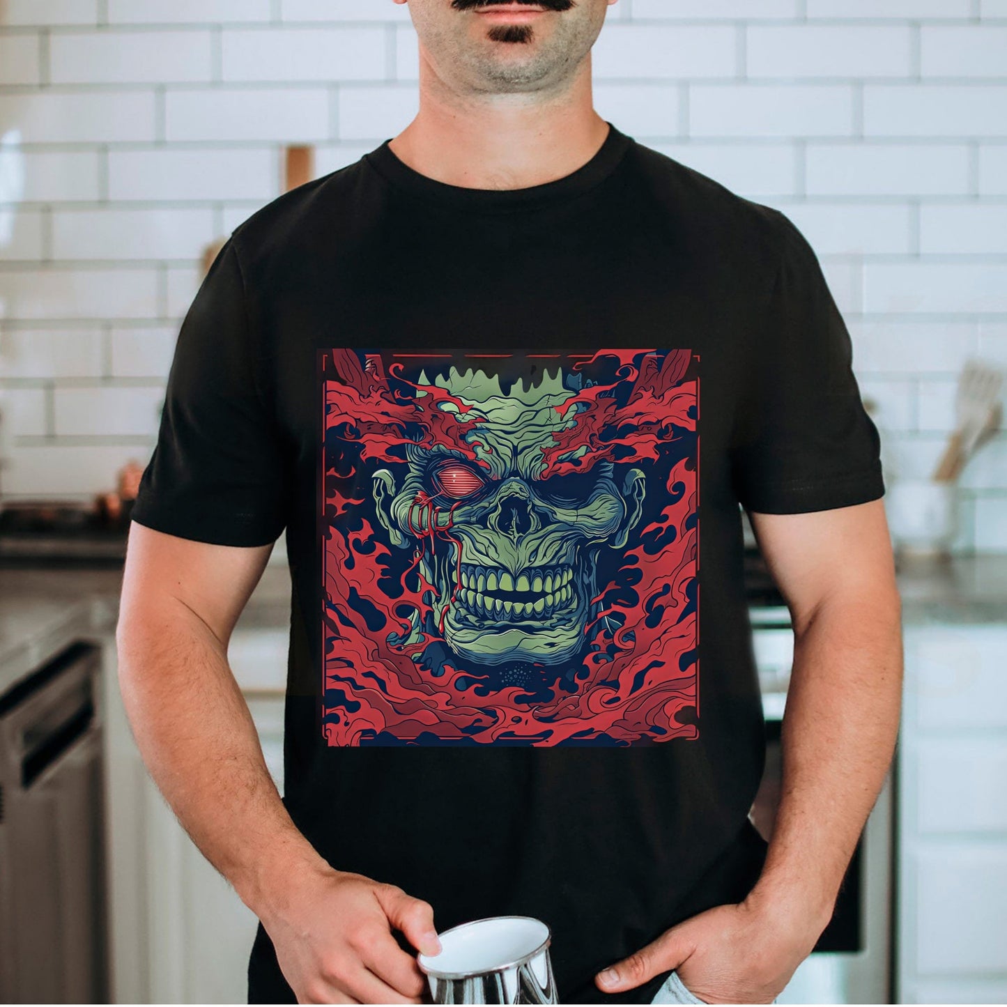 Monstrous Flame Skull Tshirt Male Model