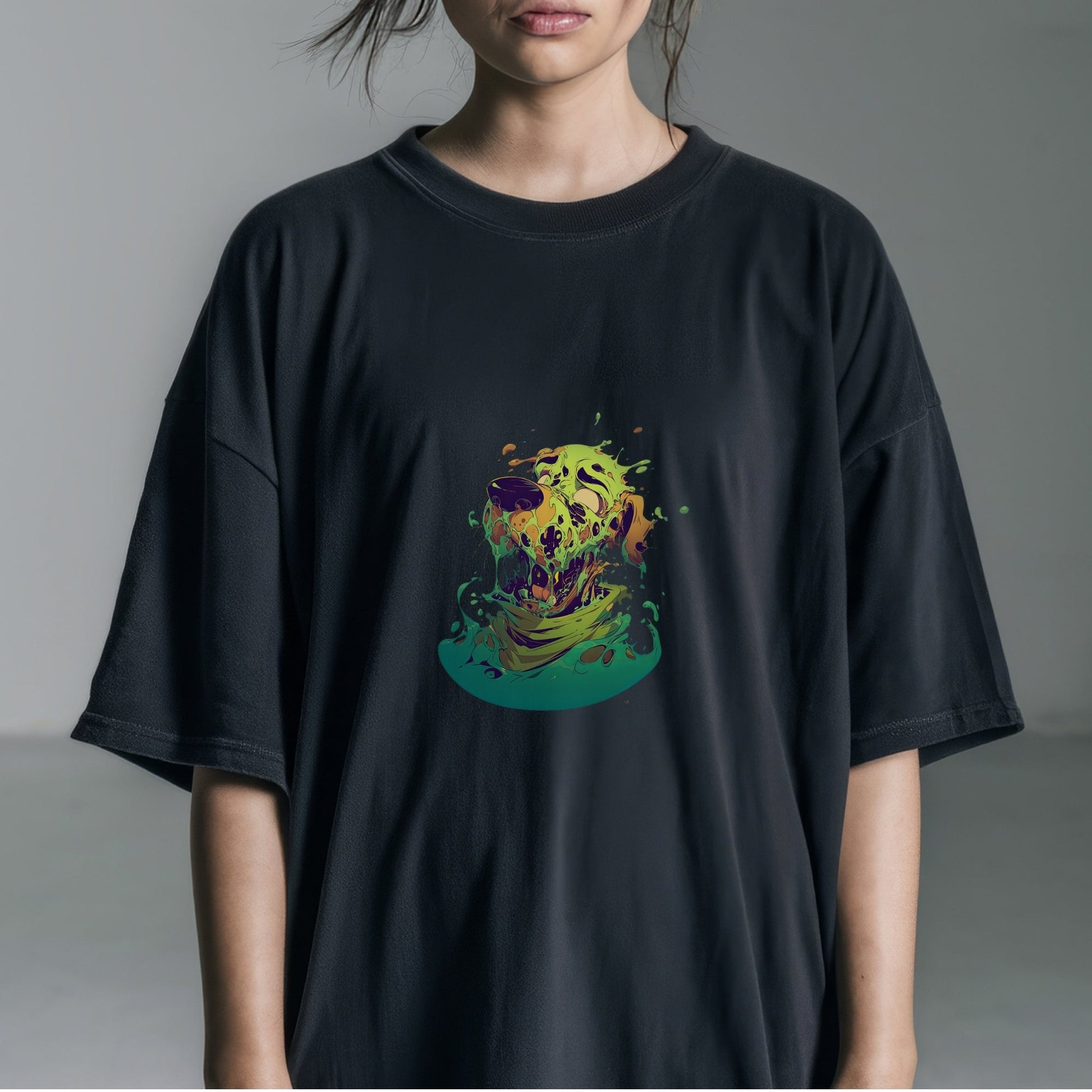 Vibrant Melting Skull Art Tshirt Female Model