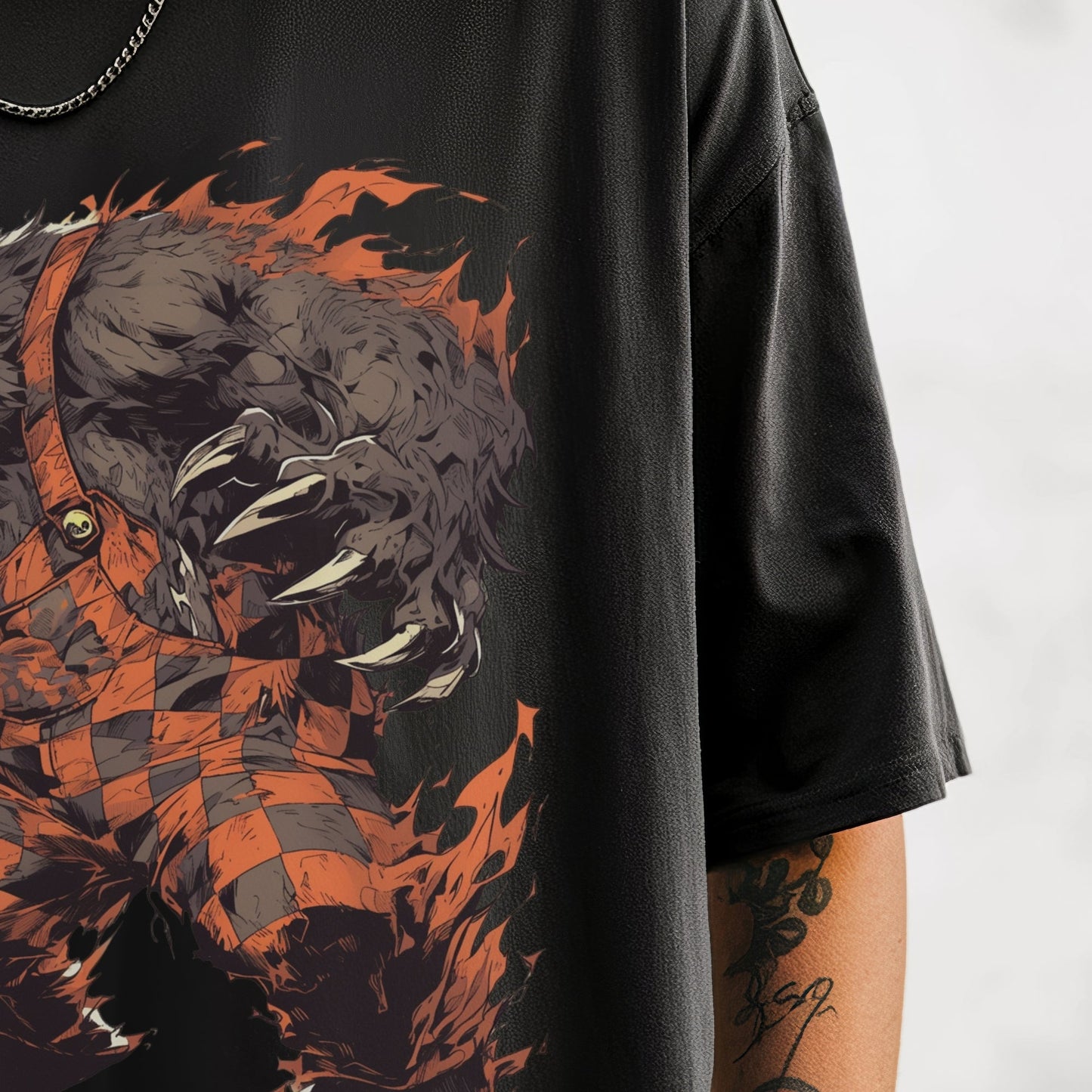 Ferocious Flame Bear T-Shirt Model Closeup