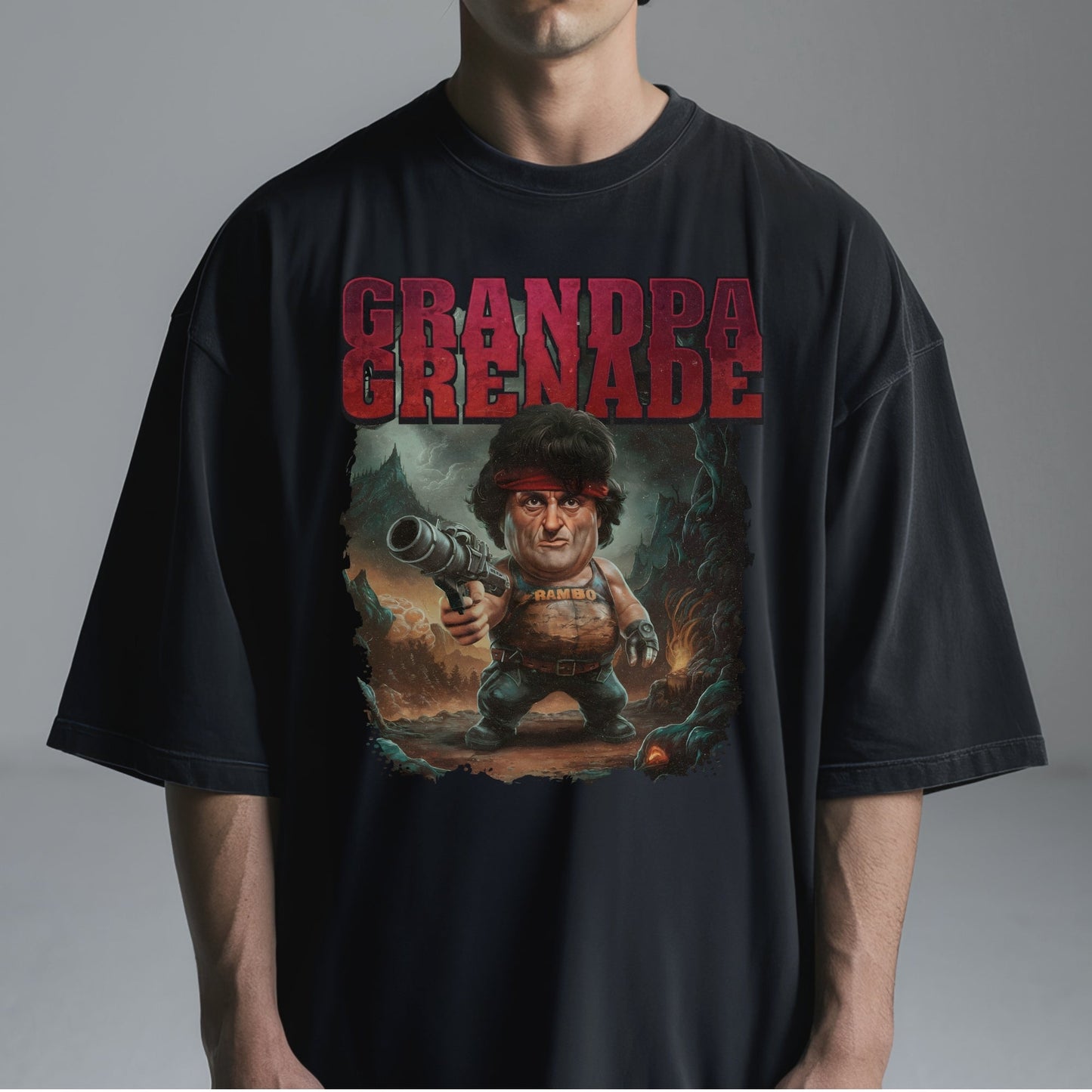 geriatric rambo resurgence t-shirt t-shirt model shoulder back view closeup