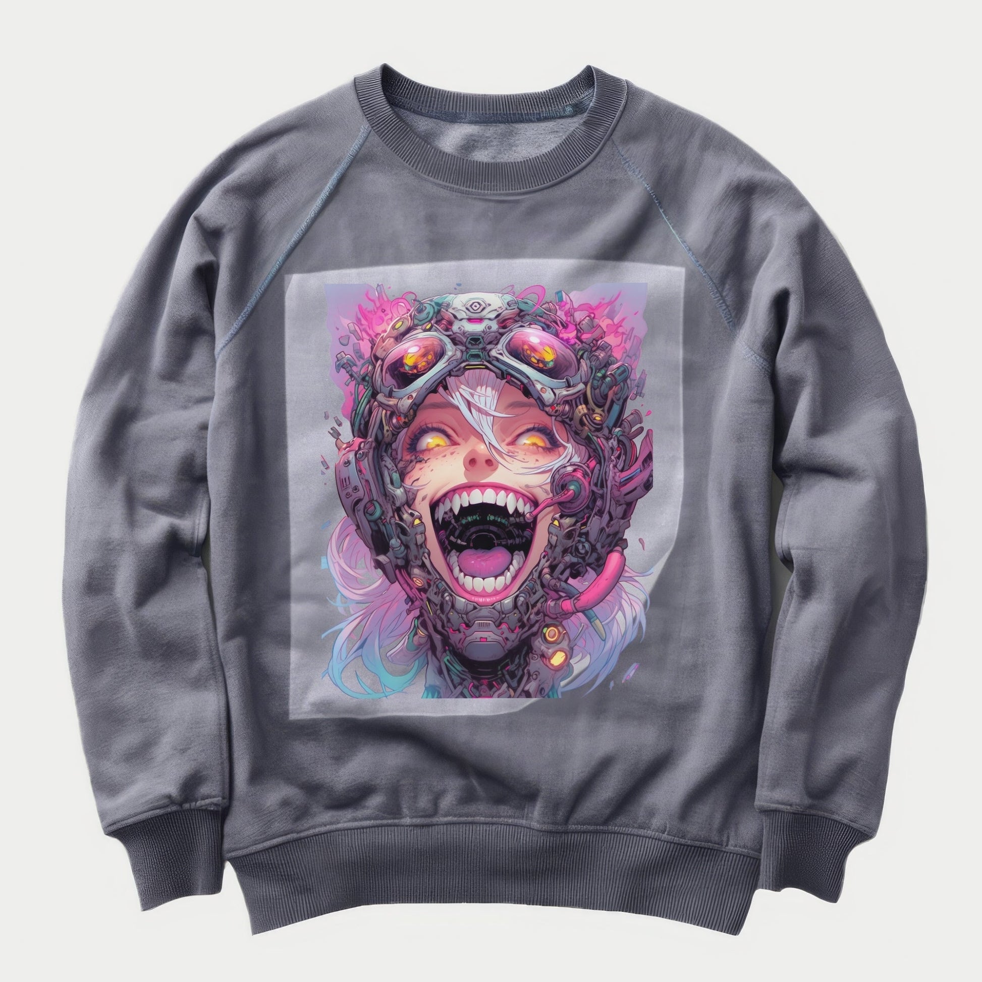 Ecstatic Neon Cyborg Ready to Press Heather Gray Sweater Front Peel View