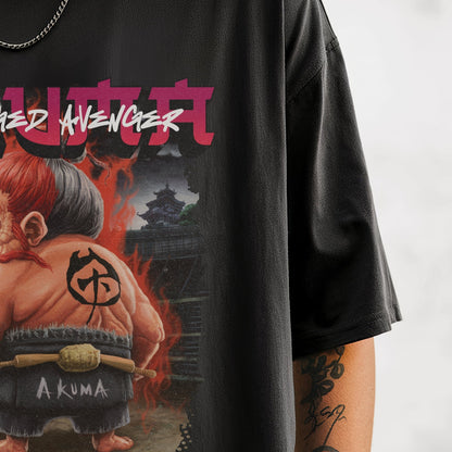 Akuma's Stormy Showdown T-Shirt Model Closeup