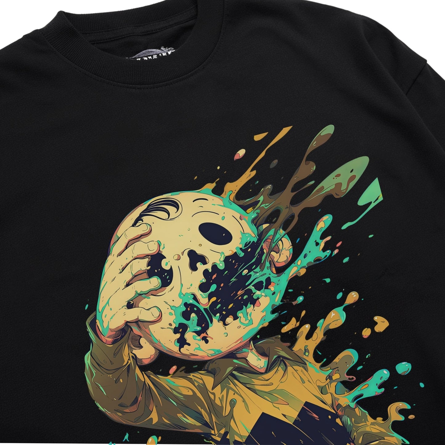 Vibrant Melting Mask Art Shirt Closeup