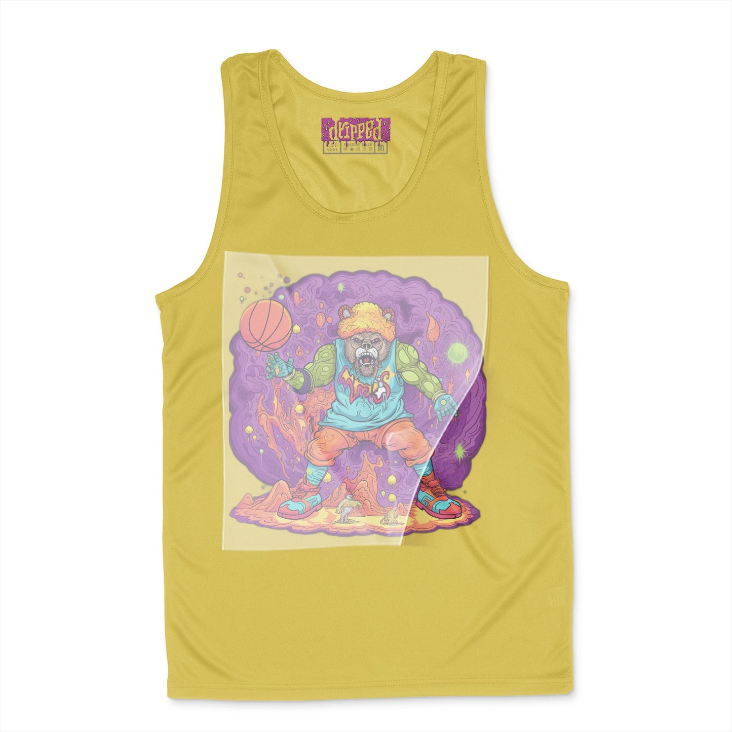 Psychedelic Streetball Bear Ready to Press White Tshirt Back Peel View