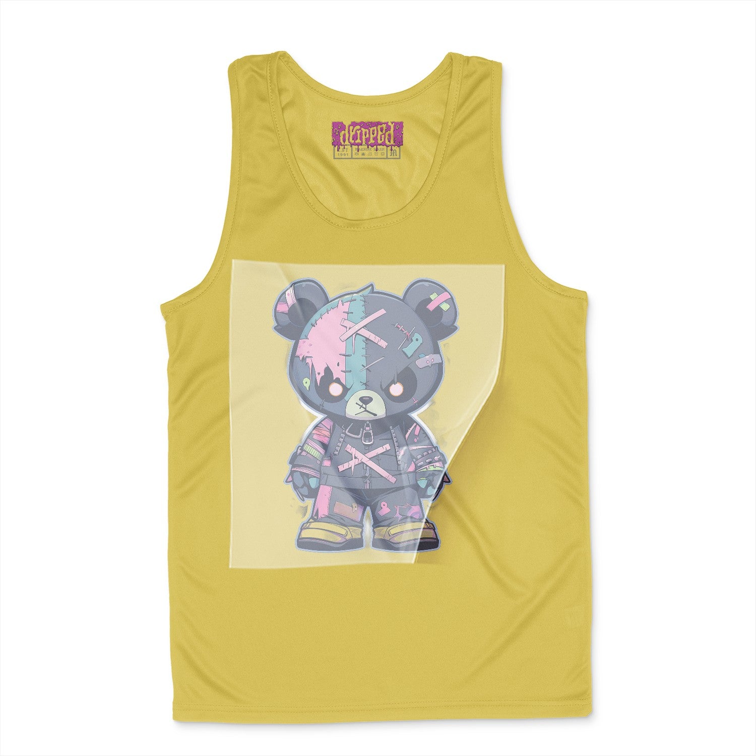 Pop Patchwork Horror-Bear Ready to Press White Tshirt Back Peel View