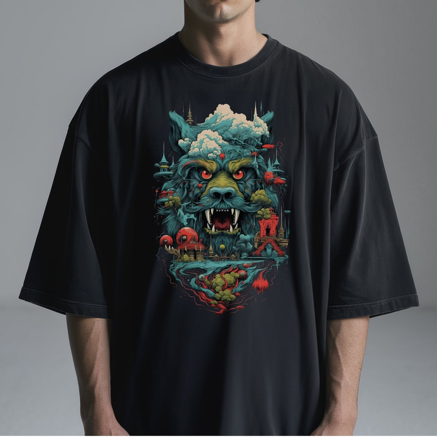 Surreal Wolf Cityscape Tshirt Male Model