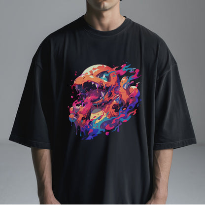 Vibrant Fantasy Creature Art Tshirt Male Model