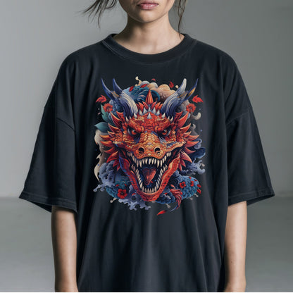 Stylized Dragon Amidst Cloudy Sky Tshirt Female Model