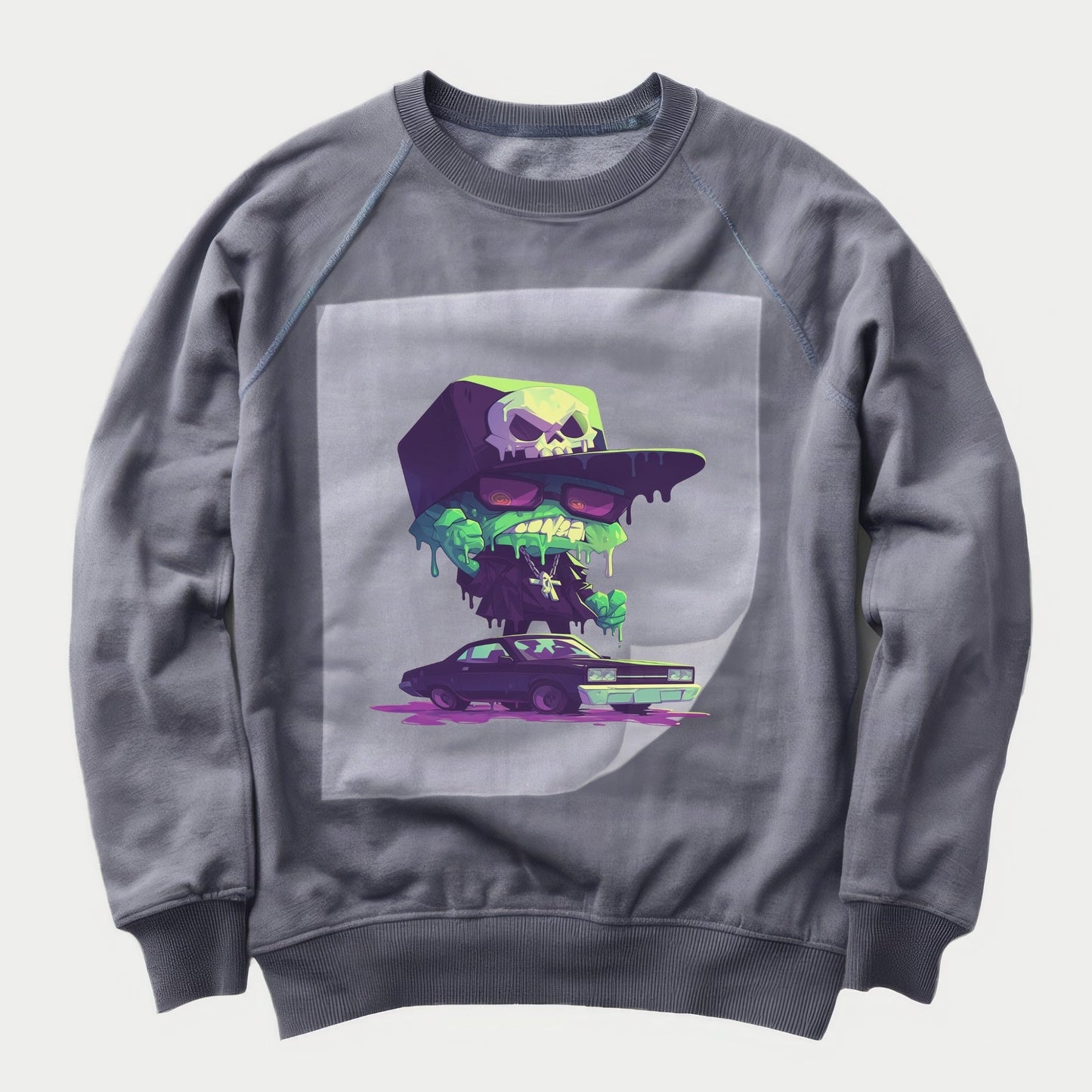 Neon Skull Streetwear Ready to Press Heather Gray Sweater Front Peel View