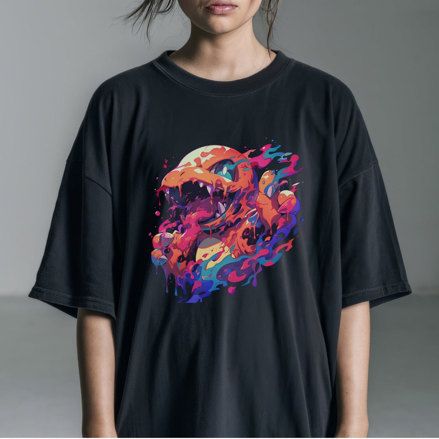 Vibrant Fantasy Creature Art Tshirt Female Model