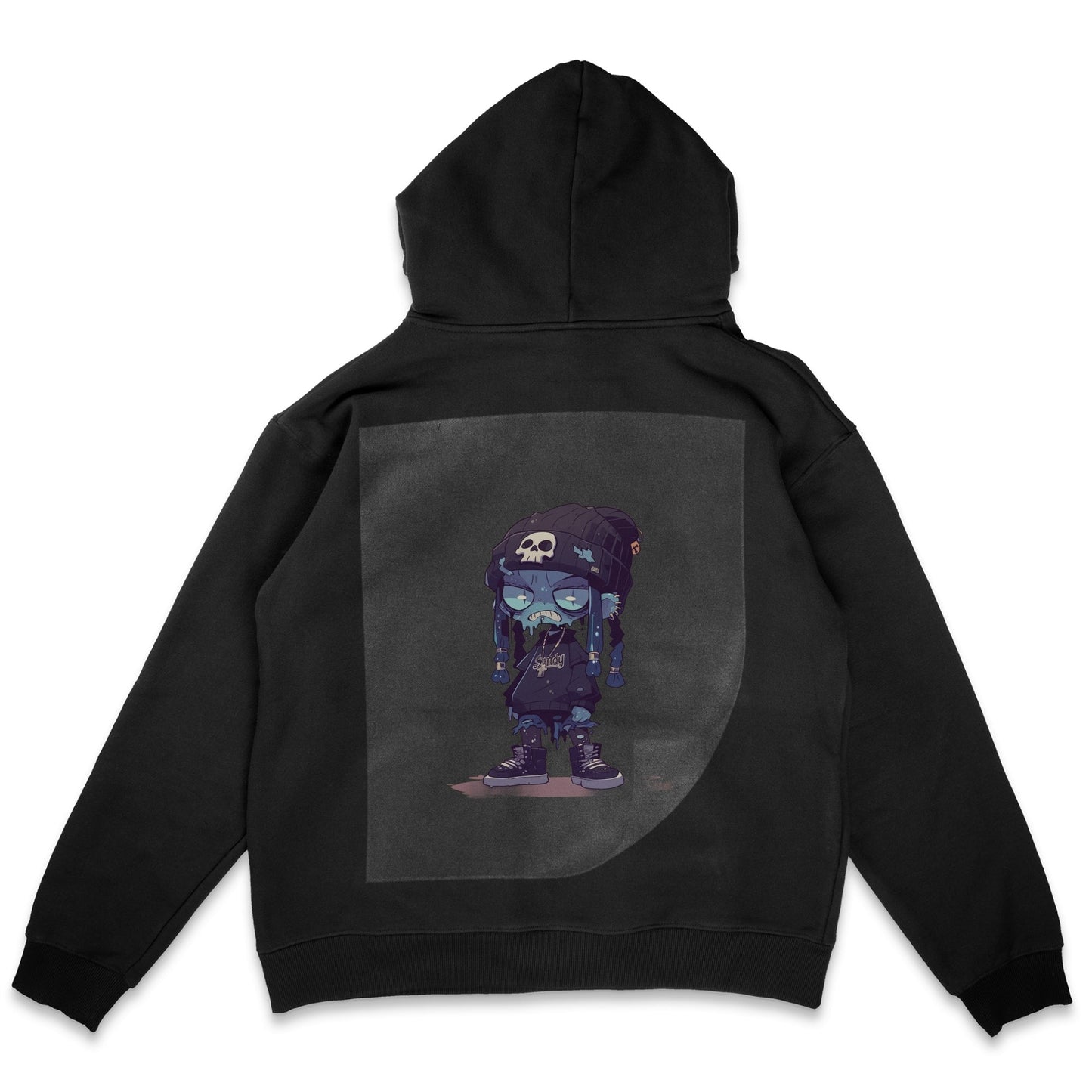 Chibi Zombie Streetwear Ready to Press Solid Black Hoodie Back Peel View