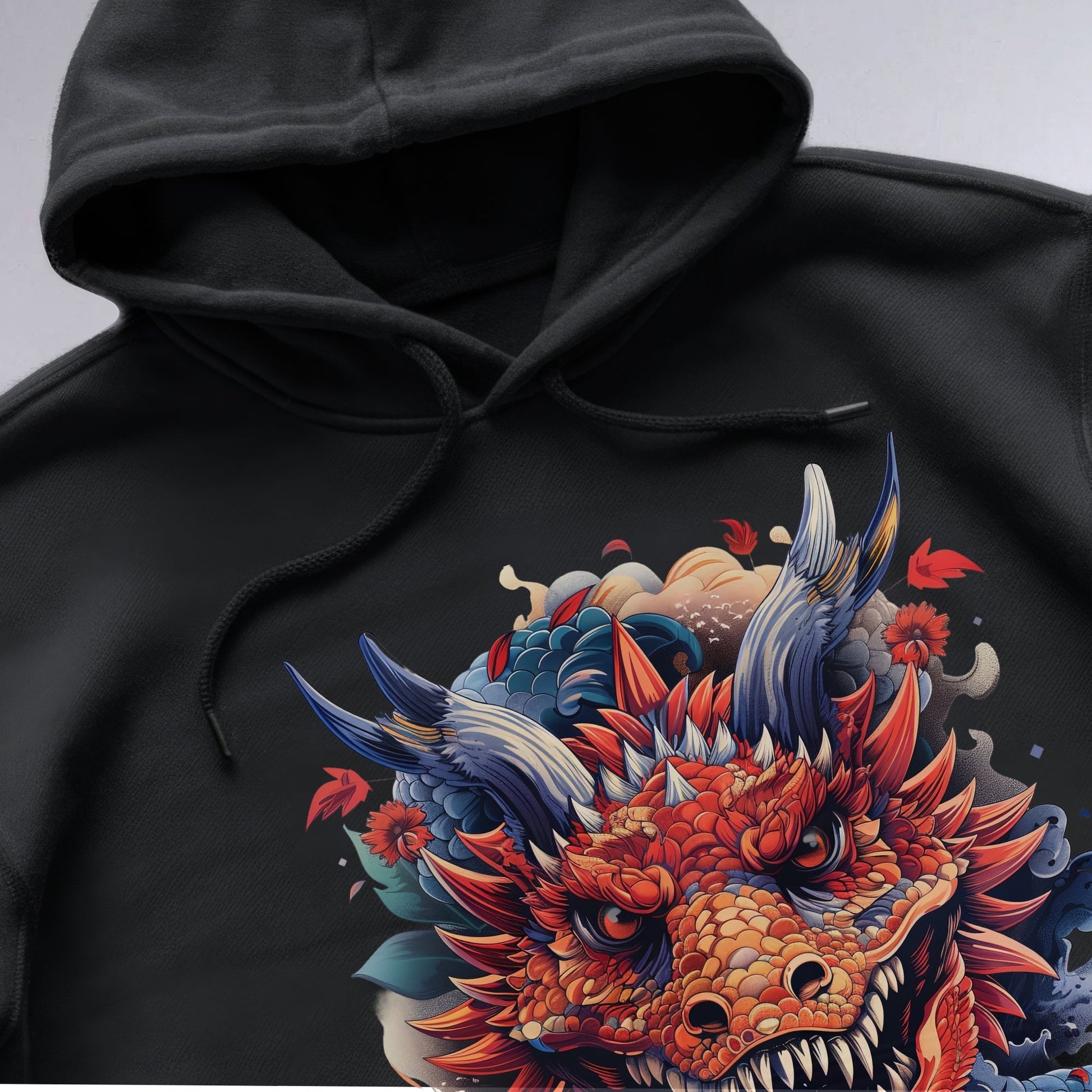 Stylized Dragon Amidst Cloudy Sky Hoodie Closeup