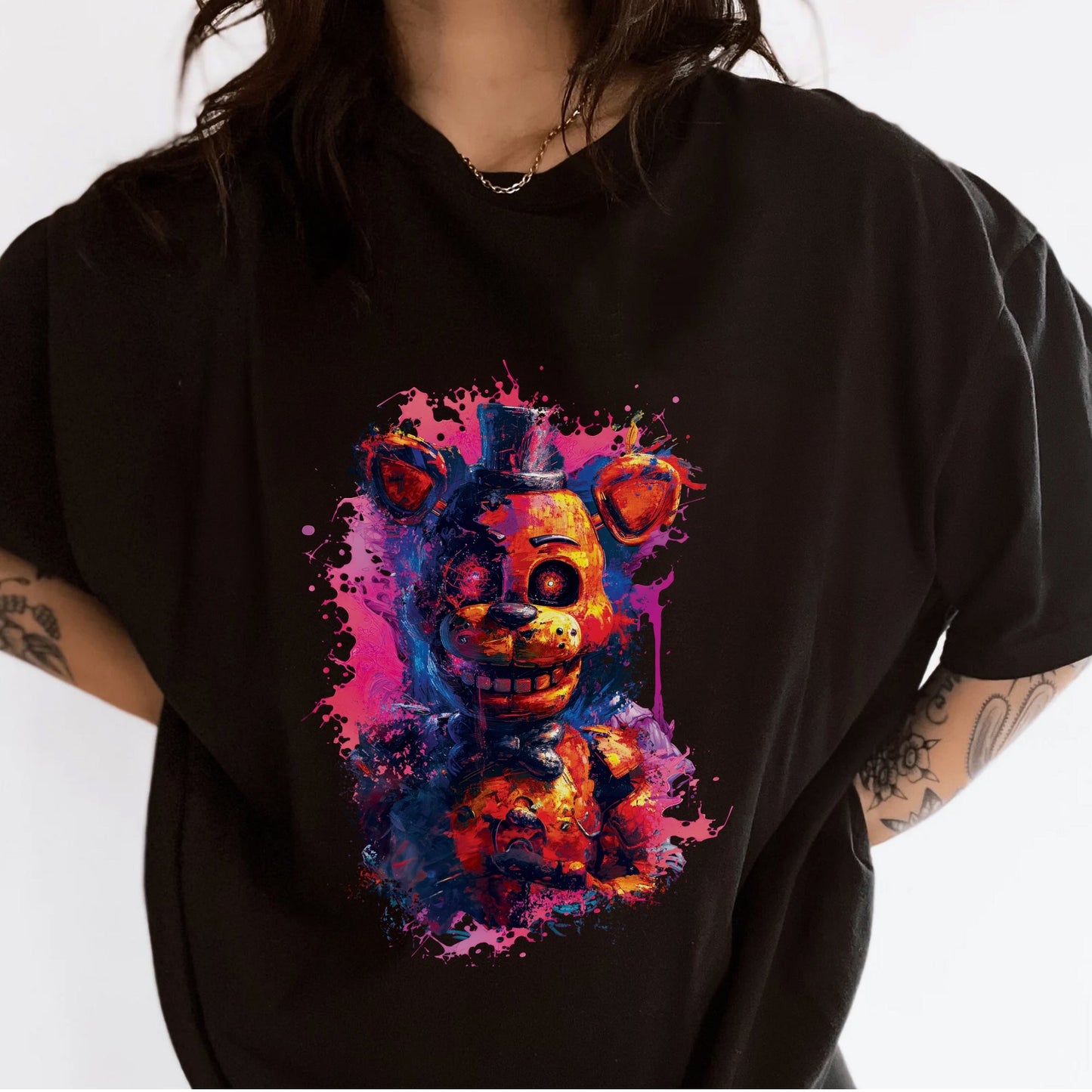 Fazbear's Vibrant Chaos Tshirt Female Model