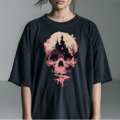 Gothic Castle Skullscape Tshirt Female Model