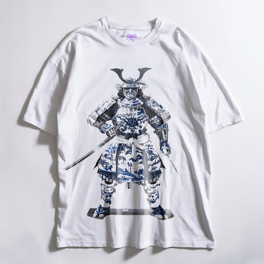 Samurai Knockout White T-Shirt with Halftone Effect - DTF Print